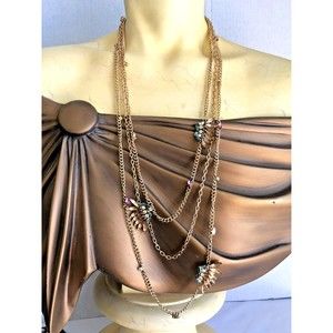 JLC BIJOUX Wings 3 Strand Layer Gold Tone 29" Long Necklace Prong Set Crystals